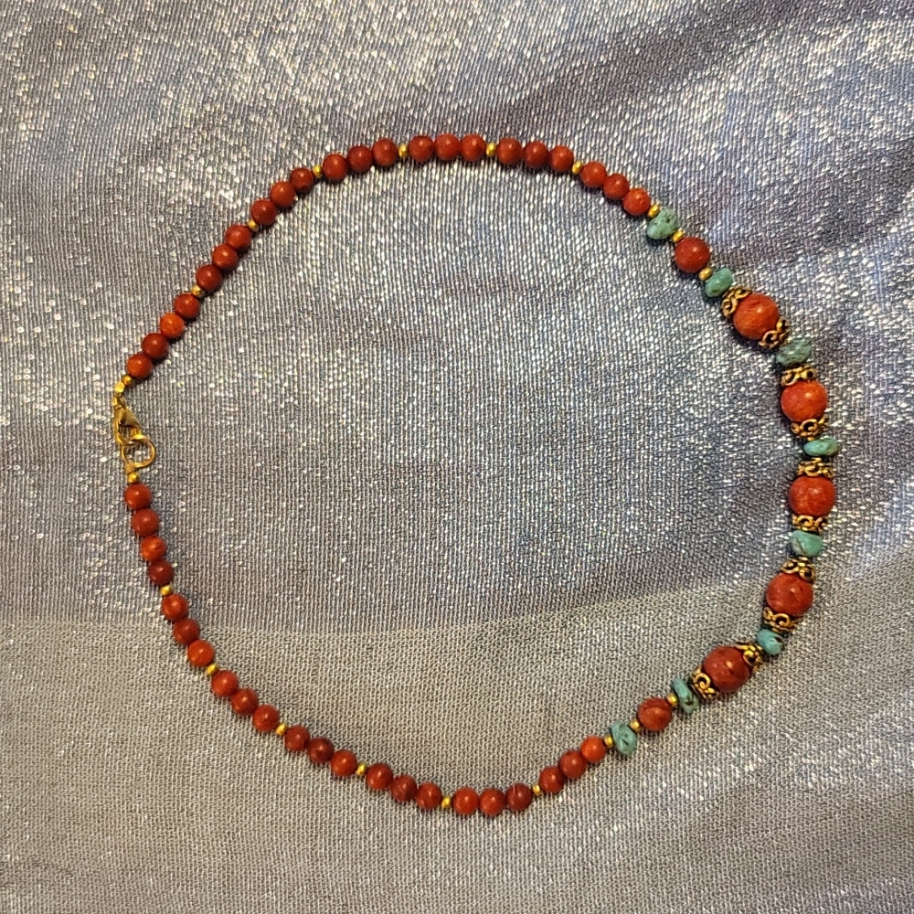 Lee Sands Turquoise & Coral Beaded Necklace